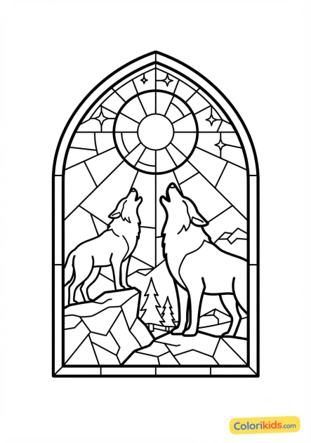 Printable coloring page: wolves in the night howling under a glass moon