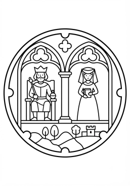 Voir le coloriage Vitraux anciens représentant des scènes médiévales