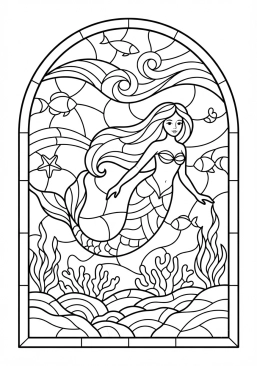 Voir le coloriage Sirène élégante nageant dans des fonds marins de verre