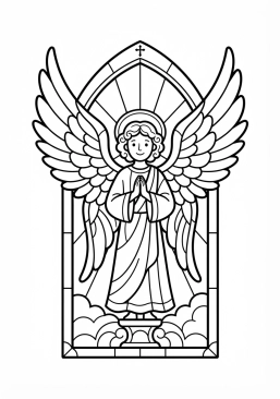 Voir le coloriage Ange gardien aux grandes ailes déployées lumineuses