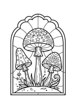 Voir le coloriage Champignons magiques aux chapeaux colorés de vitrail