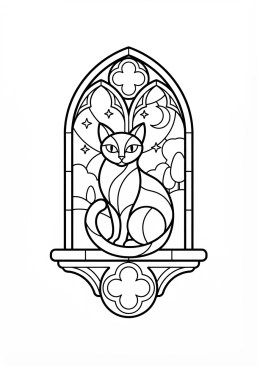 Voir le coloriage Chat mystérieux assis sur un rebord de fenêtre gothique