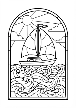 Voir le coloriage Voilier naviguant sur des vagues de verre multicolore