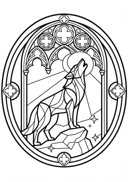 Voir le coloriage Loup hurlant stylisé dans un style de vitrail gothique