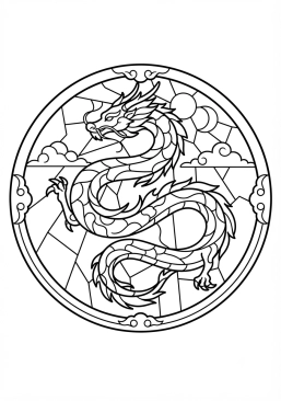 Voir le coloriage Dragon asiatique sinueux traversant un ciel de verre