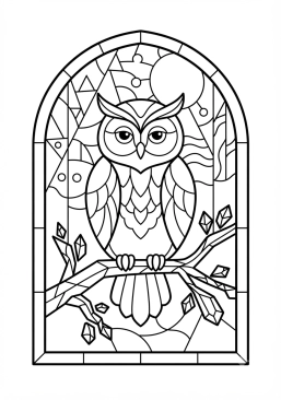 Voir le coloriage Hibou sage posé sur une branche de l'art verrier