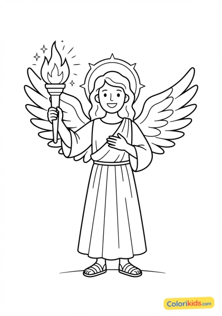 Coloriage à imprimer : ange de la lumière brandissant un flambeau étincelant