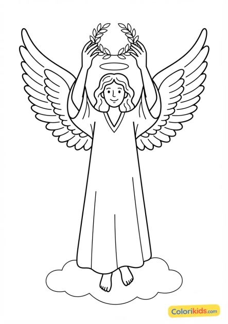 Coloriage à imprimer : ange de la paix posant délicatement une couronne de laurier