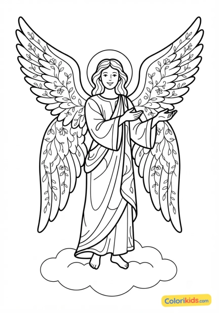 Coloriage à imprimer : ange aux ailes déployées gravées de motifs floraux délicats