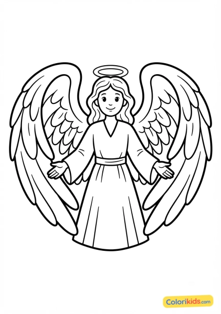 Coloriage à imprimer : ange gardien bienveillant déployant ses grandes plumes protectrices