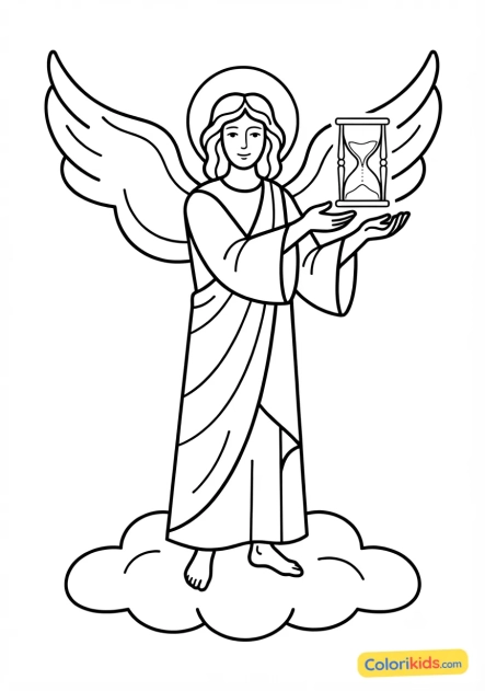 Coloriage à imprimer : ange céleste tenant un sablier magique rempli de sable d'or