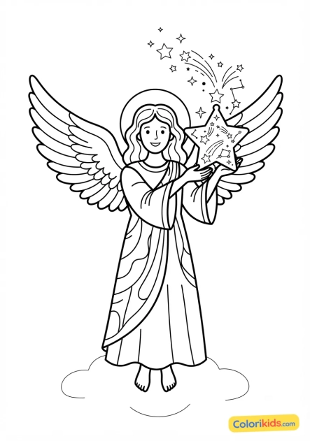 Coloriage à imprimer : ange céleste tenant une lanterne magique remplie d'étoiles filantes
