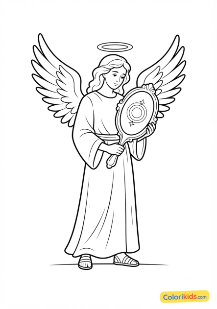 Coloriage à imprimer : ange céleste tenant un miroir reflétant la pureté de l'âme
