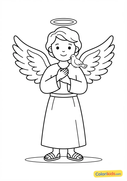Coloriage à imprimer : ange céleste tenant une colombe de la paix sur son épaule