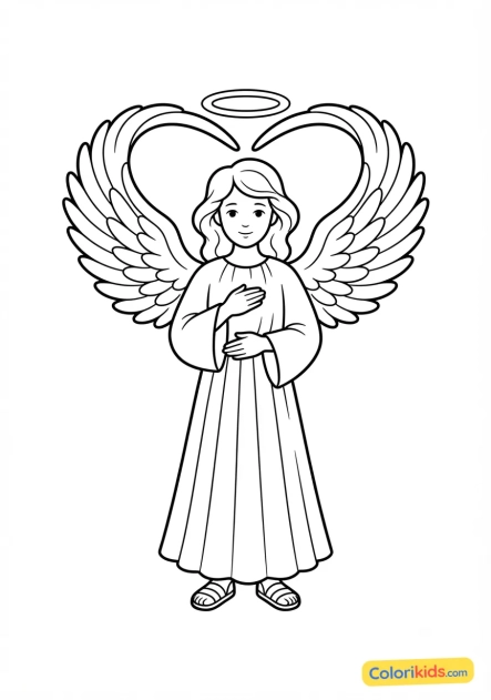 Coloriage à imprimer : ange céleste aux ailes déployées formant un coeur protecteur
