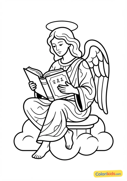Coloriage à imprimer : ange contemplatif aux ailes repliées lisant un livre ancien