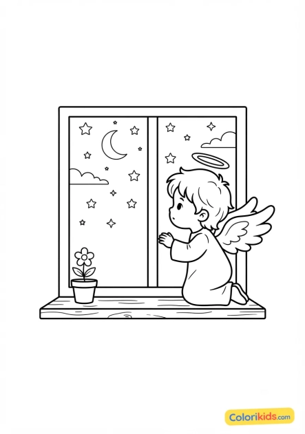 Coloriage à imprimer : petit ange curieux regardant par la fenêtre une nuit étoilée
