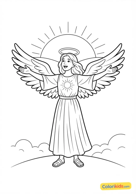 Coloriage à imprimer : ange de l'aube saluant le soleil levant de ses bras ouverts