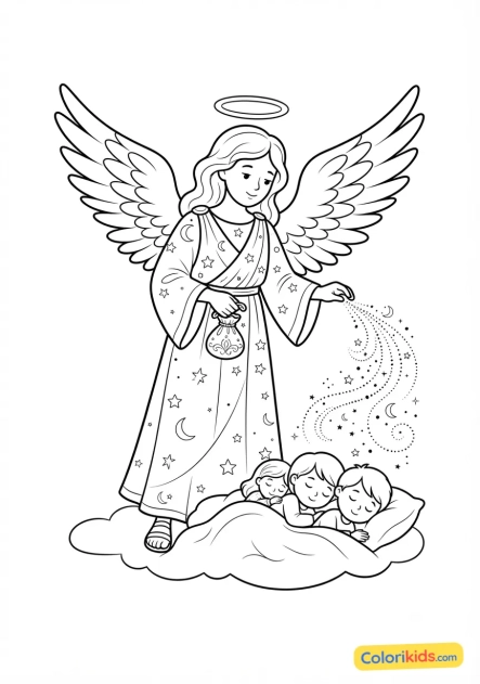 Coloriage à imprimer : ange des songes soufflant de la poudre d'or pour endormir les enfants