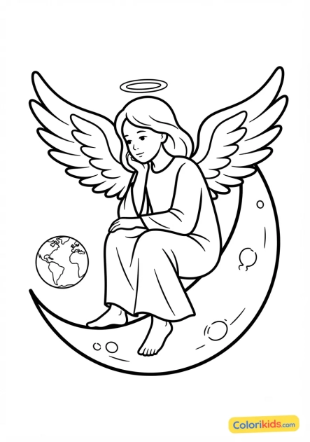 Coloriage à imprimer : ange rêveur assis sur un croissant de lune observant la terre