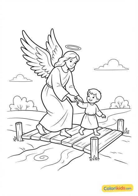 Coloriage à imprimer : ange gardien guidant un petit enfant sur un pont de bois