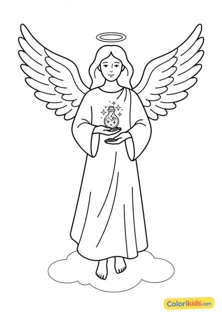 Coloriage à imprimer : ange guérisseur tenant une fiole d'eau cristalline brillante