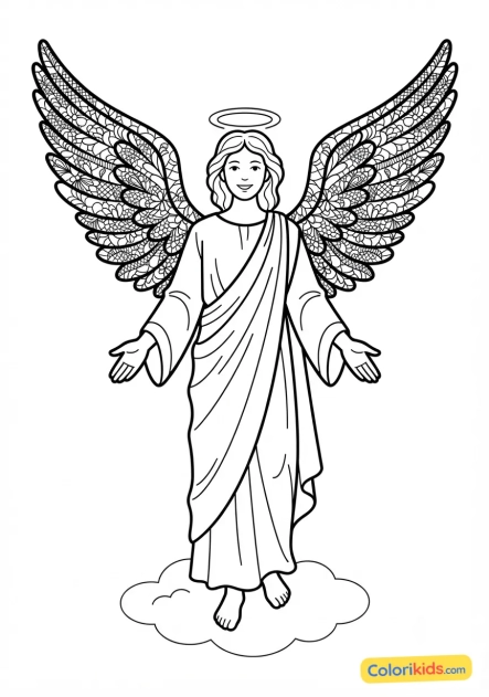 Coloriage à imprimer : ange majestueux aux ailes de dentelle fine et élégante