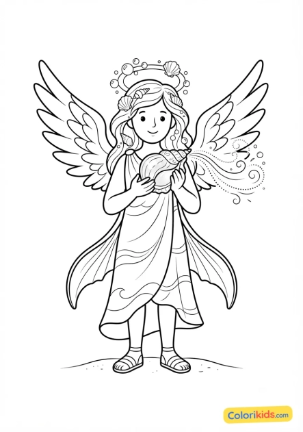 Coloriage à imprimer : ange marin tenant un coquillage nacré soufflant une douce brise