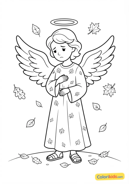 Coloriage à imprimer : ange mélancolique regardant tomber les feuilles d'automne