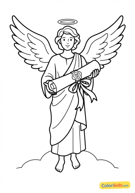 Coloriage à imprimer : ange messager tenant un parchemin scellé d'un ruban de soie