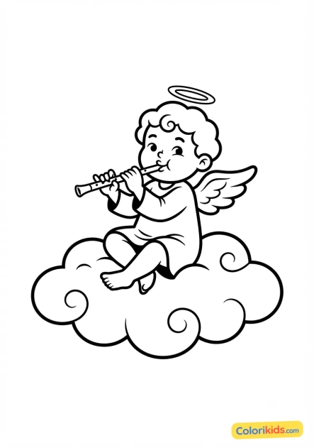 Coloriage à imprimer : petit ange espiègle jouant de la flûte sur un nuage doux