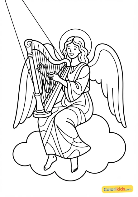 Coloriage à imprimer : ange musicien jouant de la harpe dorée sous un rayon de lune