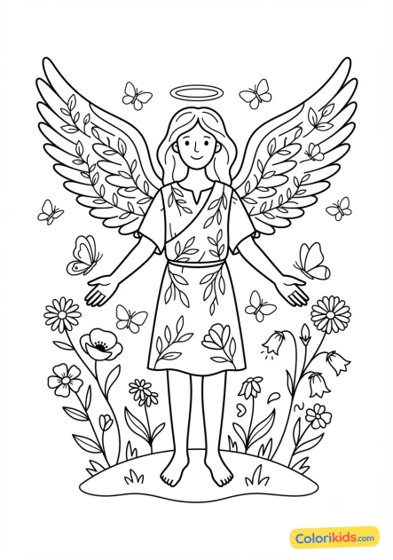 Coloriage à imprimer : ange de la nature entouré de papillons et de fleurs sauvages