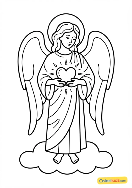 Coloriage à imprimer : ange protecteur serrant doucement un coeur lumineux entre ses mains