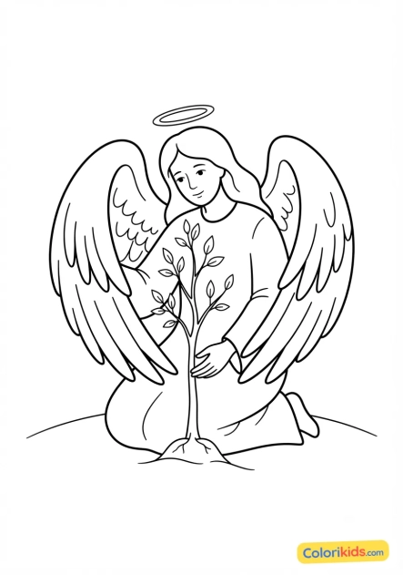 Coloriage à imprimer : ange protecteur enveloppant un jeune arbre de ses grandes ailes