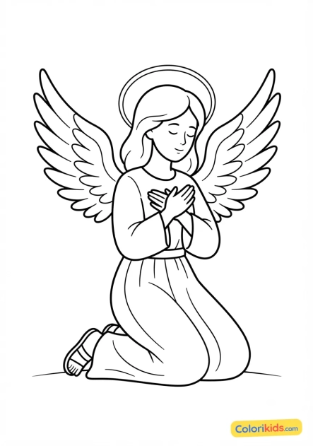 Coloriage à imprimer : ange serein les mains croisées sur la poitrine en prière