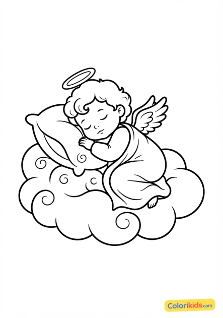 Coloriage à imprimer : bébé chérubin endormi paisiblement sur un oreiller de nuages