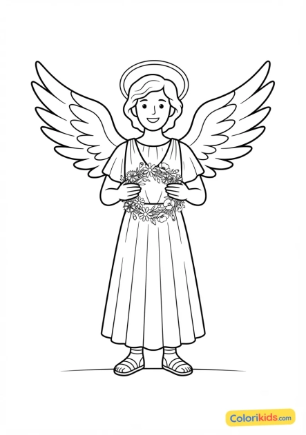 Coloriage à imprimer : ange souriant tenant une couronne de fleurs des champs