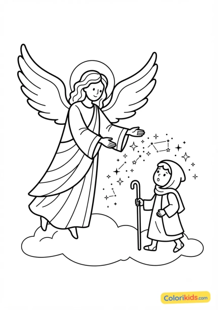 Coloriage à imprimer : ange des étoiles guidant un voyageur avec une poussière lumineuse