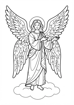 Voir le coloriage Ange aux ailes déployées gravées de motifs floraux délicats
