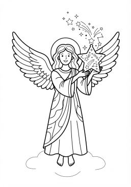 Voir le coloriage Ange céleste tenant une lanterne magique remplie d'étoiles filantes
