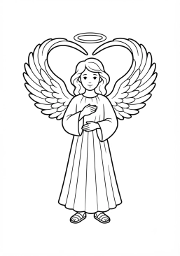 Voir le coloriage Ange céleste aux ailes déployées formant un coeur protecteur