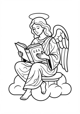 Voir le coloriage Ange contemplatif aux ailes repliées lisant un livre ancien