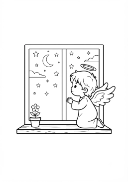 Voir le coloriage Petit ange curieux regardant par la fenêtre une nuit étoilée