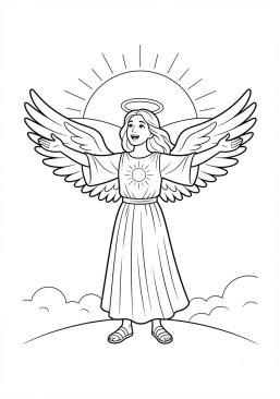 Voir le coloriage Ange de l'aube saluant le soleil levant de ses bras ouverts