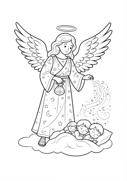 Voir le coloriage Ange des songes soufflant de la poudre d'or pour endormir les enfants