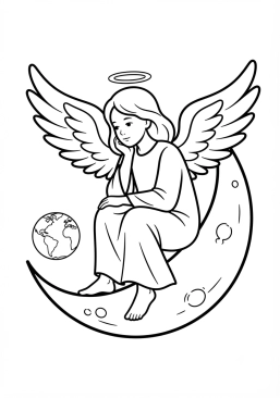 Voir le coloriage Ange rêveur assis sur un croissant de lune observant la terre
