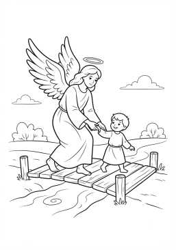 Voir le coloriage Ange gardien guidant un petit enfant sur un pont de bois