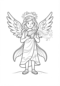 Voir le coloriage Ange marin tenant un coquillage nacré soufflant une douce brise