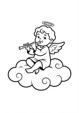Voir le coloriage Petit ange espiègle jouant de la flûte sur un nuage doux